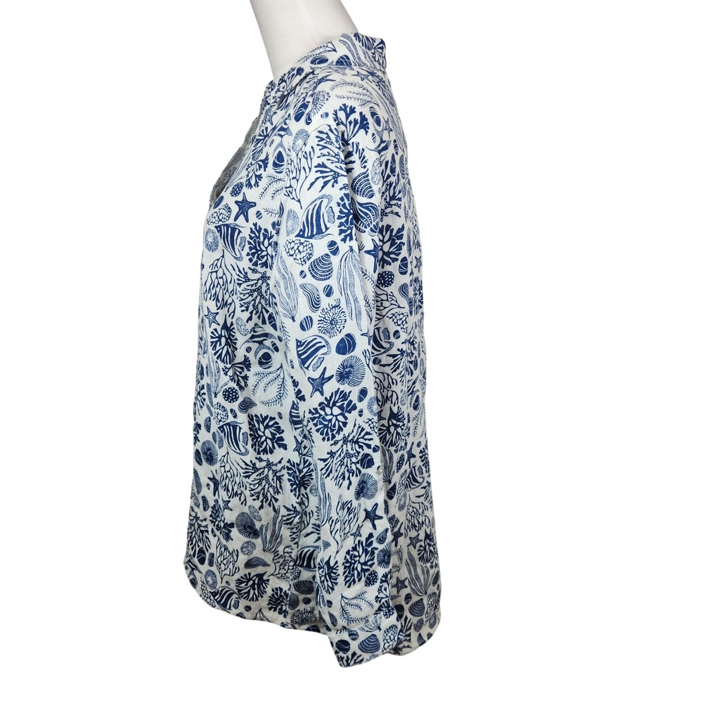 Sigrid Olsen Womens Top Blue White Coral Sea Life Print 100% Linen Button Down L - Picture 5 of 9
